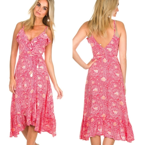 Beachgold Dresses & Skirts - Beachgold | Lotti Hibiscus Wrap Midi Dress NWT